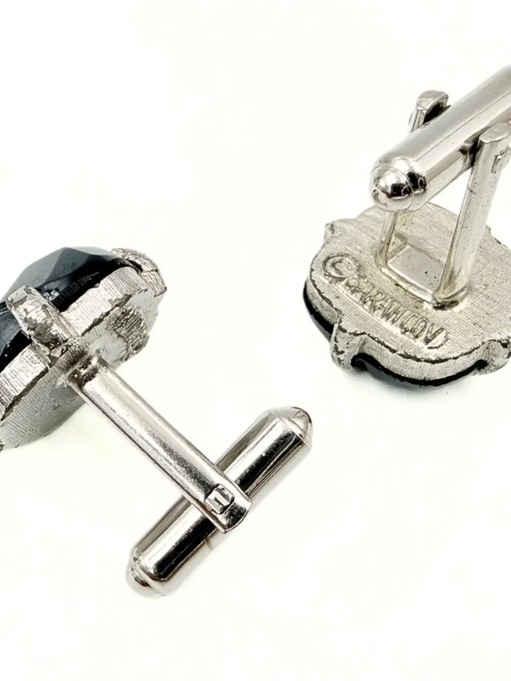 Swank Signed MCM Gray Glass Abstract Geometric Silver Plate Brutalist Cufflinks